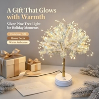 Lumière d'arbre de Noël en pin argenté scintillant avec LED, base à commande tactile PS, alimentation USB, décoration de table intérieure, lampe de nuit