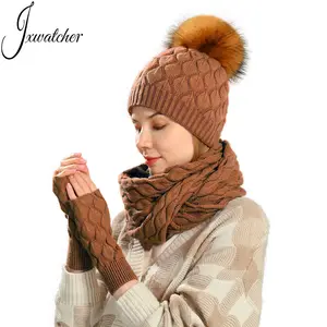 ชุดหมวกบีนนี่ผ้าพันคอ3ชิ้นสำหรับผู้หญิง,ชุดบีนนี่ฤดูหนาวผ้าขนสัตว์แคชเมียร์ขนสัตว์ปรับแต่งโลโก้ได้ตามต้องการ