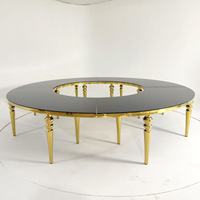Location de produits de luxe pour gâteau de mariage, table de salle à manger de mariage en acier inoxydable avec plateau en verre MDF serpentin en forme de S et demi-lune