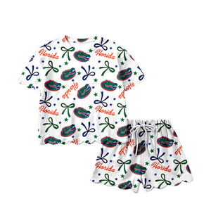 Précommande MOQ 5 Tenues d'été pour filles avec nœuds à motifs écussonnés, thème équipes de football, en Spandex doux/Coton biologique, style boutique tendance, vente en gros - Product Image 2