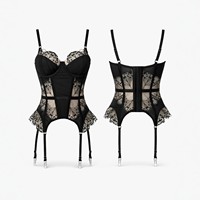 Korset Basque Bordir Renda Hitam Mewah & Elegan - Bustier Berkawat dengan Panel Jala Renda Tipis & Tali Garter