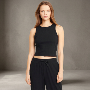 Women's Black Ribbed Crop Tank <b>Top</b> Crew Neck Sleeveless Minimalist Knitted Spandex Cotton Blend Breathable Workout Wear - Product Image 2
