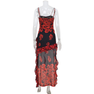 Women's Red Black Rose Print Maxi Dress <b>Spaghetti</b> <b>Strap</b> Asymmetrical Ruffle Hem Dresses Fashion - Product Image 3