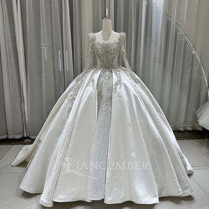 Lsoy035 Gorgeous Satin <b>Ball</b> <b>Gown</b> Wedding Dress Regular Sleeve Beaded Appliques Crystal Lace Chapel Train Floor-Length Backless - Product Image 4