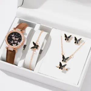 Luxury Leather Strap Wristwatch Ladies Quartz Wristwatch Butterfly Ring Necklace Earrings Bracelet Set For Women