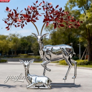 Scultura di <span class=keywords><strong>Cervo</strong></span> in Acciaio Inossidabile Lucidato a Specchio YOUFINE <span class=keywords><strong>con</strong></span> <span class=keywords><strong>Corna</strong></span> a Foglia Rossa per Decorazione di Parchi Urbani e Turismo Culturale - Product Image 3