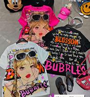 Kaos Wanita Ukuran Besar 100% Katun Bertabur Rhinestone, Model Longgar Kasual Motif Kartun Fashion OC1054