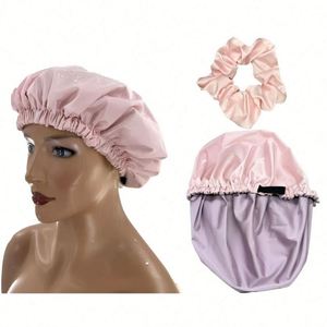 Gorro de satén impermeable de doble capa ajustable para dormir, ideal para cabello rizado natural. - Product Image 4