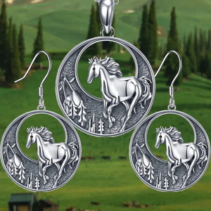 Set di Gioielli Vintage con Cavallo e Foresta, Collana e Orecchini per Donna, Stile Retrò Elegante per Uso Quotidiano, Regalo di Moda - Product Image 2