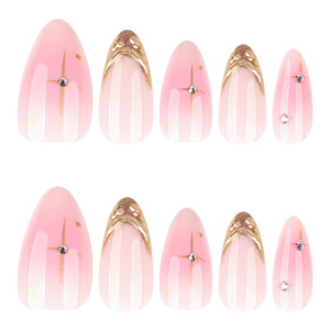 Faux ongles courts en forme d'amande avec strass de style français, tendance, or, 3D, à presser, vente en gros - Product Image 5