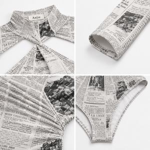 Anjie OEM ODM Body Femme Imprimé Journal Personnalisé Marque Privée Col Rond Découpé Manches Longues Coupe Haute Justaucorps - Product Image 2