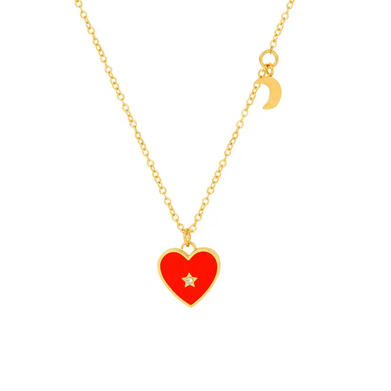 Best selling 14k 18k 24k real gold plated heart star and moon enamel pendant necklace brand stainless steel jewelry women