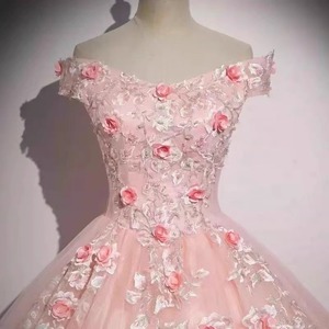 Pink Floral Off Shoulder Ball Gown Chiffon Empire Waistline Evening Dress For Solo Singers Art Exam Piano Guzheng Players - Product Image 2