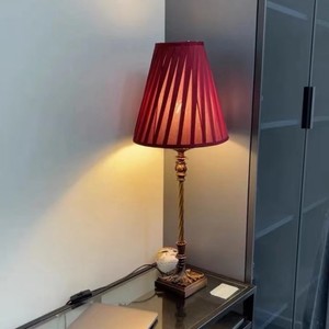 Vintage Style <b>Red</b> Pleated Fabric Table Lamp E26 Base 220V Incandescent <b>Bulb</b> European Carved Base Bedroom Study Ambient Lighting - Product Image 4