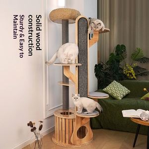 Arbre à chat haut en bois de caoutchouc massif de qualité supérieure avec lit de repos tressé, poteau à gratter en sisal, griffoir mural et condo fermé pour chat - Product Image 4