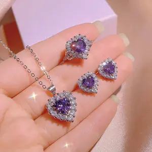 Bling Purple Zircon Stone Crystal Heart Pendant Necklace Earrings Ring Set White Silver Plated CZ Heart Jewelry Set