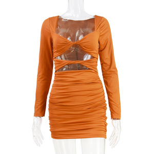 Nuovo Arrivo: Abito Mini <span class=keywords><strong>Sexy</strong></span> da Donna con Maniche Lunghe, Scollo a V Profondo, Traforato e Plissettato per Feste e Club Notturni - Product Image 5