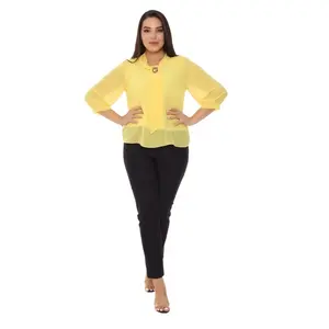 Blusa de chiffon personalizada plus size, feminina, amarela, broche personalizado, elegante, estilo ocidental, casual, escritório, formal, chique, roupas