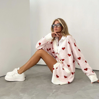 Cardigan élégant anti-rides en coton et polyamide pour jeunes femmes, rose, avec motifs cœurs mignons et poches