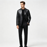 Veste de Costume Homme en Cuir Véritable Motif Crocodile de Luxe, Blazer Slim Fit en Cuir de Vachette Première Couche Gaufré de Qualité Supérieure pour Affaires
