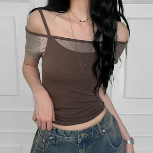 Z-2478 Ensemble deux pièces vintage rayé patchwork pour femme, t-shirt épaules dénudées, effet superposé, color block, coupe ajustée, sexy, streetwear, été - Product Image 2