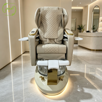 Fauteuil de pédicure spa de luxe avec massage électrique, fauteuil de pédicure en cuir beige pour salon, avec bol en verre et lumière LED