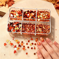 6 Grilles de Paillettes pour Ongles Feuilles d'Érable Automnales, Ambre Orange Doré, Rondes, Tailles Mixtes, Décorations d'Art Ongulaire Automnales pour Ongles à Coller