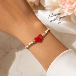 Braccialetto Regolabile <span class=keywords><strong>con</strong></span> Cuore Intrecciato in Filo di Nylon <span class=keywords><strong>e</strong></span> <span class=keywords><strong>Perline</strong></span>, <span class=keywords><strong>con</strong></span> Accenti Placcati Oro <span class=keywords><strong>e</strong></span> Argento, Gioiello Regalo di Tendenza - Product Image 4