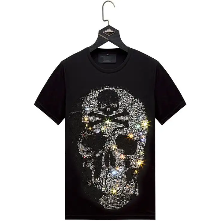 Designer clothing manufacturers men fashion cotton tshirts custom logo skull print rhinestone stylish t shirts men