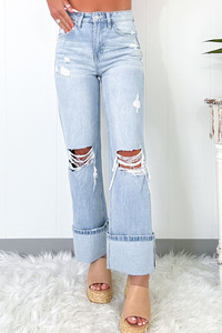 Jeans de Mezclilla Desgastados de Talle Alto, Corte Recto y Ajustado, Color Azul Claro, Estilo Casual de Verano para Mujer, Marca Shewin 2025 - Product Image 2