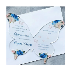 Bebé azul Floral claro mariposa acrílico dulce 15 años tarjeta de invitación de quinceañera - Product Image 1