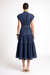 Abito in Denim Blu Scuro per Donna, Design Originale Personalizzato, Elegante Vestito Lungo con Colletto Alto e Bottoni, Abiti in Jeans a Strati di Lusso OEM - Product Image 2