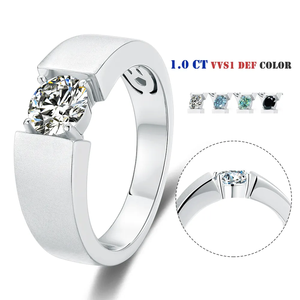 Fashion Simple Fashion White Gold Plated 6.5mm Round Diamond Moissanite Classical 925 Sterling Silver Ring For Man
