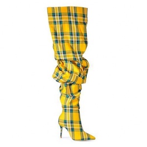 Big Size 44 Plaid Print Side Half-zip Over Knee High Pile of <b>Boots</b> for Women Stiletto Ladies Pointed Toe Thigh High Long Booties - Product Image 4