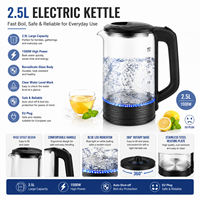 Bouilloire électrique en verre 2,5 L 1500 W avec lumière LED bleue, verre transparent, prise EU, fabricant d'usine, personnalisation OEM ODM, vente en gros