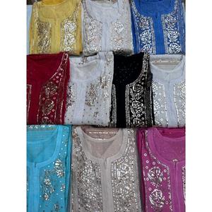 Patrón sólido Verde Chikankari Bordado a mano Puro Mulchanderi Seda Túnica Kurta Dupatta Suave Hasta la rodilla Invierno natural - Product Image 4