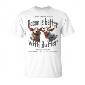 Il bacon è migliore con il burro, maglietta divertente con umorismo di maiali e mucche - Product Image 2