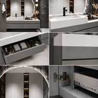Meuble-lavabo flottant de luxe moderne avec vasque et grand miroir LED mural, armoire de salle de bain grise pour projet hôtelier