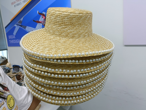Chapeau de soleil en paille pour femmes avec décoration en perles 2023, chapeau plat de style jazz, fedora, panama, chapeau de plage à lanière courte - Product Image 2
