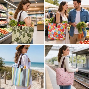 Foldable Tote Bag 17.9 Inch Printed Reusable Shopping Oxford Zipper PU Handle Snap Grocery Farmers Market Beach Travel 9 Pattern - Product Image 4