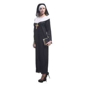 Costume de nonne pour femme adulte, robe en polyester noir, voile blanc, croix, tenue de fête d'Halloween, costume de personnage de film télévisé, costume médiéval - Product Image 1