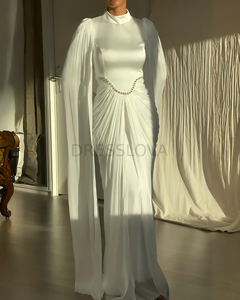 ชุดราตรีทรงเมอร์เมดหรูหราสำหรับผู้หญิง ประดับคริสตัลแบบดูไบ จับจีบพร้อมผ้าคลุม ชุดสำหรับพิธีต่างๆ  ชุดราตรีแบบมุสลิมสั่งตัดได้ - Product Image 2