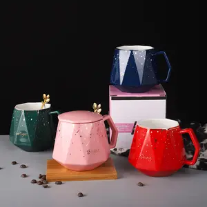 Feiyou 2021 Creative Custom 450Ml Speckled ชาถ้วยพอร์ซเลนสีชมพูนำกลับมาใช้ใหม่ได้แก้วกาแฟเซรามิคพร้อมฝาปิดสำหรับงานแต่งงาน
