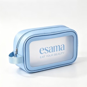 Sac de maquillage élégant en PU bleu, grande capacité, sac de voyage pour femmes, sac de rangement multifonctionnel, sac de dentiste imperméable avec poignée - Product Image 6