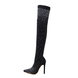 2025 Runway Fashion Hot Sale Women's Crystal Stretch Fabric Sock Boots Pointed Toe Knee-Heel Thigh High for Winter - Product Image 4