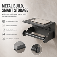 Portarrollos de Papel Higiénico Moderno de Acero Inoxidable SUS 304 Negro Mate, con Repisa para Teléfono, Montaje en Pared, Rectangular, Autoadhesivo para Baño