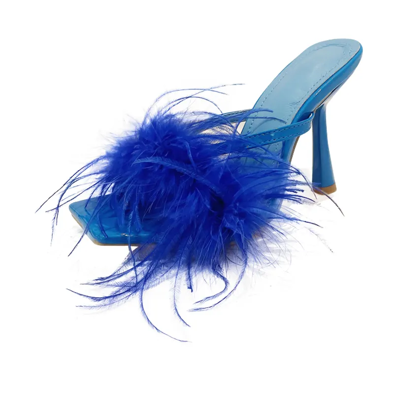 Hot Wholesale Shoes 2023 Women's Sandals Real Feather Stiletto High Heels slippers Sexy Women's Heeled Sandals Yellow shoes