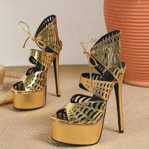 Sandales à talons hauts pour femmes, sexy, à lacets sur le devant, plateforme épaisse, bout ouvert, style club, pour danseuses, découpées, dorées - Product Image 4
