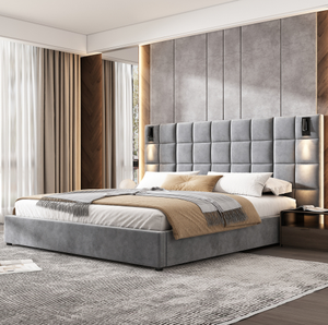 เตียงคิงไซส์ทรงกลมทันสมัย OE HOME หุ้มผ้าสีเทาแบบ Tufted พร้อมโคมไฟอ่านหนังสือปรับได้ พอร์ต USB ดีไซน์อัจฉริยะ นุ่มสบาย เป็นมิตรกับสิ่งแวดล้อม - Product Image 3