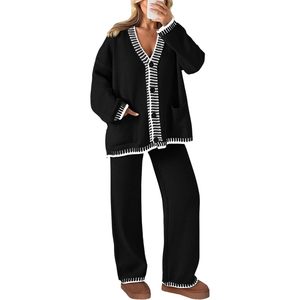 Conjunto de punto para mujer Prettigarden: Cárdigan, suéter y pantalones a juego, atuendo informal para otoño e invierno, manga larga, anti-bolitas - Product Image 1